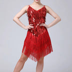 Dazzling White Sequin and Tassel Fringe Mini Dress with V-Neckline