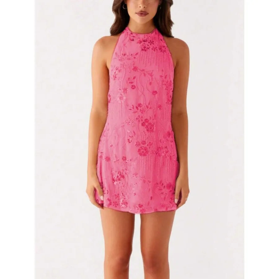 Embellished Halter Mini Dress with Backless Silhouette and Y2K Party Styling