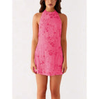 Embellished Halter Mini Dress with Backless Silhouette and Y2K Party Styling