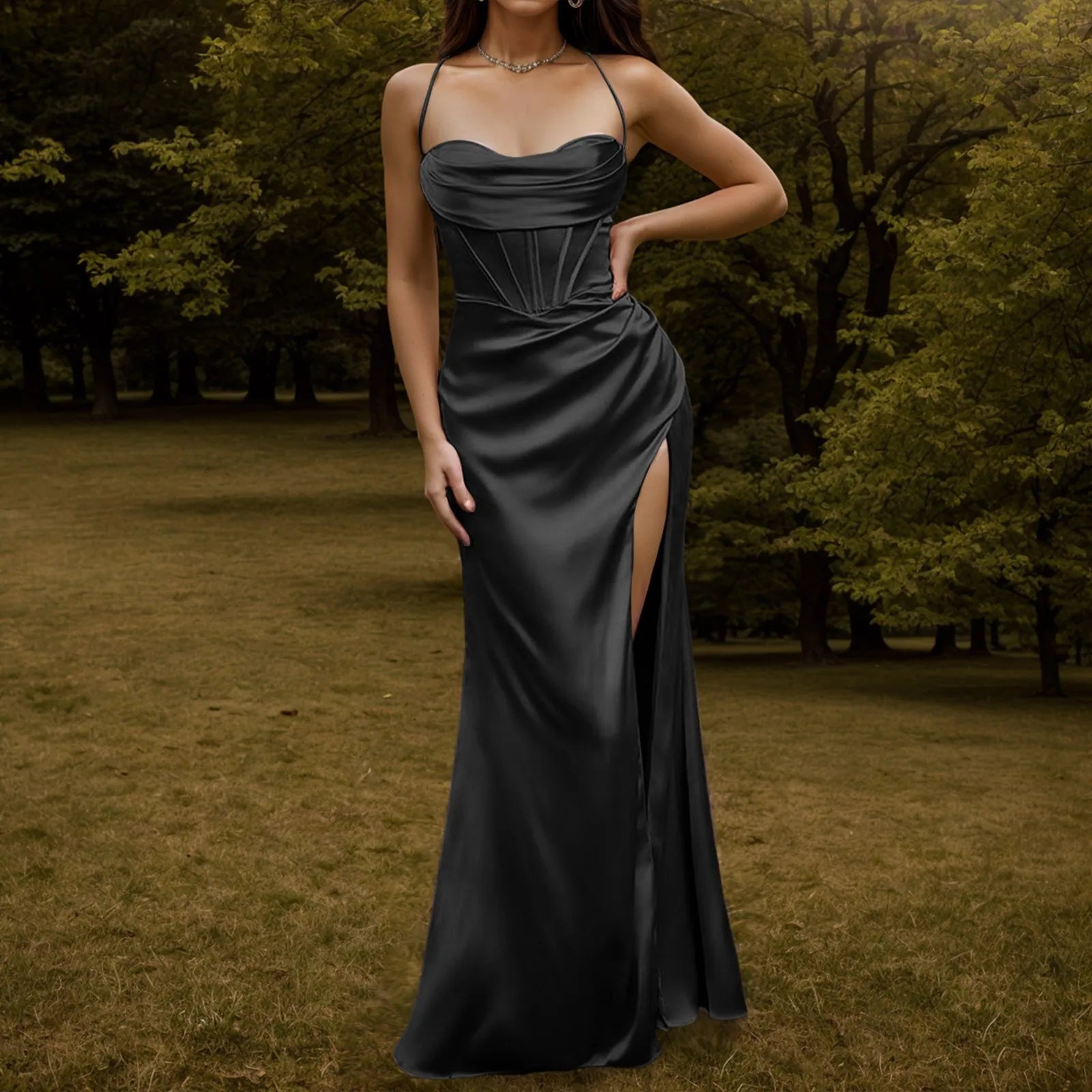 Satin Finish Corset Inspired Maxi Dress with Sculpted Silhouette