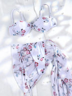 Light Blue Floral Underwire Three-Piece Bikini Set with Fringed Wrap Skirt