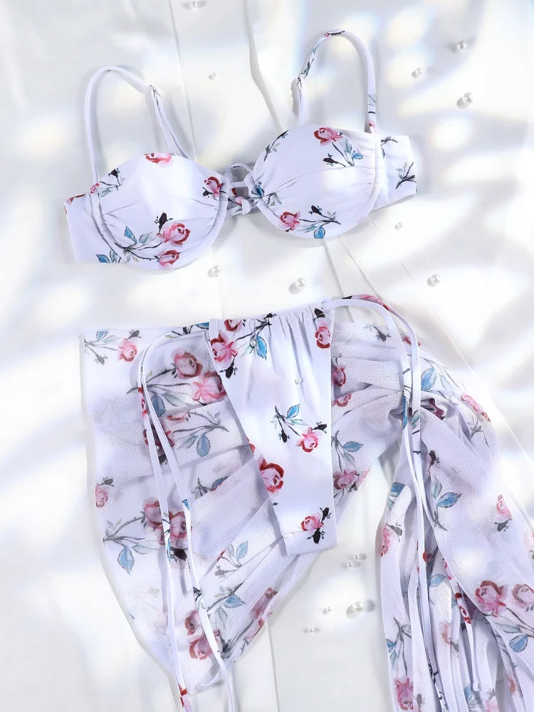 Light Blue Floral Underwire Three-Piece Bikini Set with Fringed Wrap Skirt