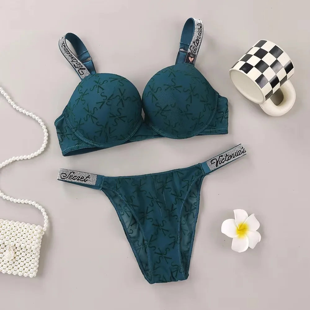 Embossed Lace Texture Push-Up Bra and Matching Crystal Strap Thong Set
