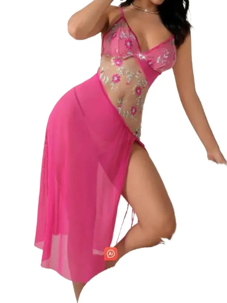 Sheer Asymmetrical Mesh Nightgown with Floral Embroidery and High Slit