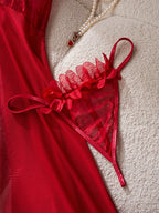 Vibrant Red Sheer Mesh Babydoll Set with Ruffled Lace Trim