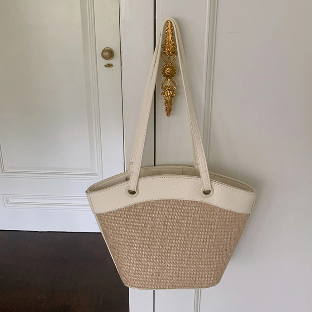 Handwoven Straw Style Tote Bag with Large Capacity Shoulder Carry Design