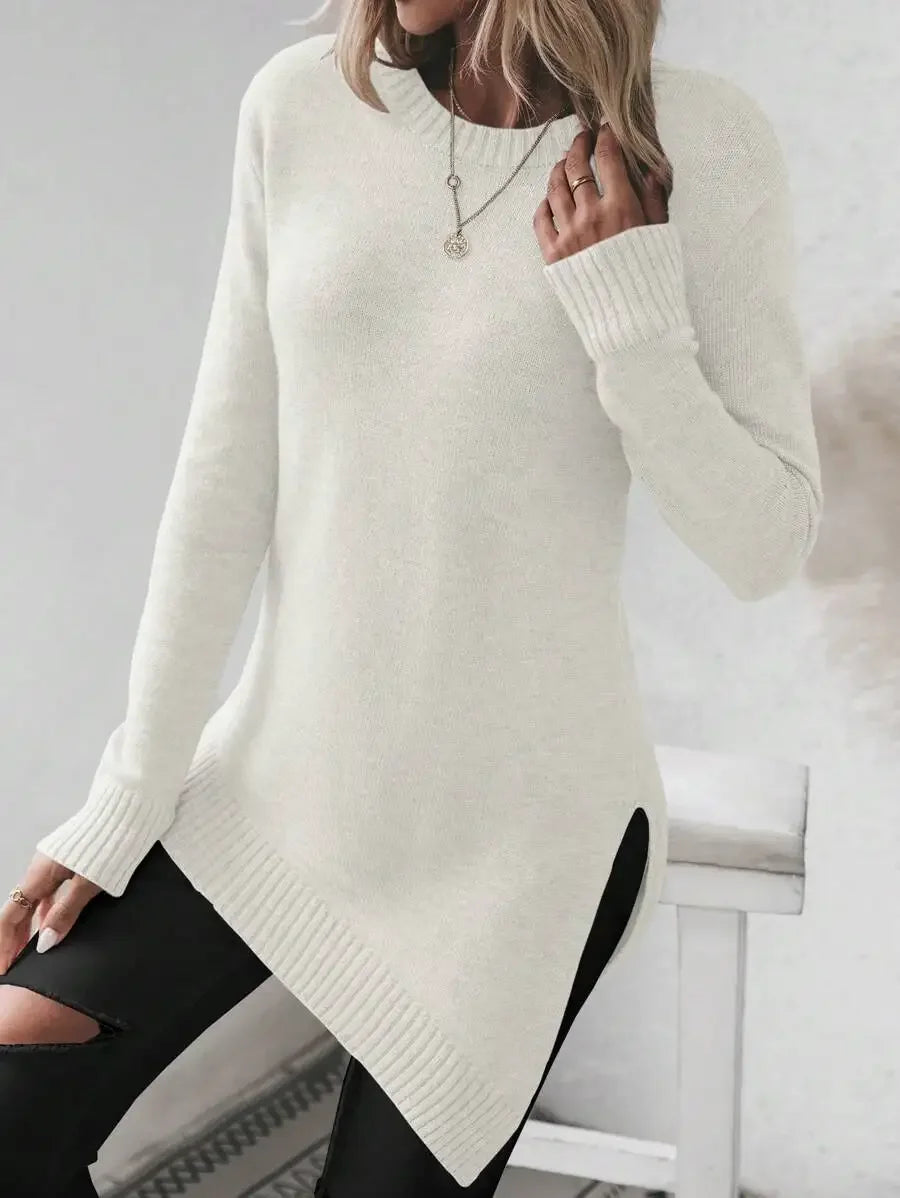Women's Asymmetric Hem Knit Sweater with Relaxed Long Sleeve Contemporary Silhouette