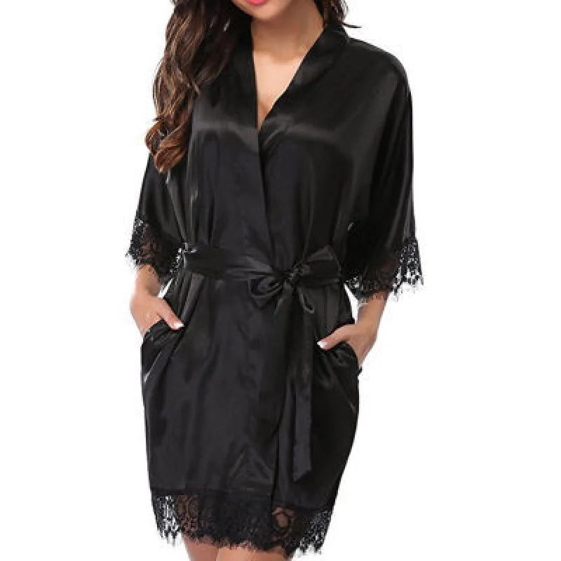 Vibrant Red Satin-Finish Lounging Robe with Delicate Scalloped Lace Trim