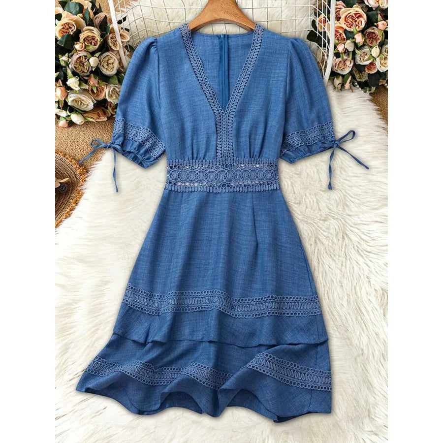 Flowing Blue V-Neck Mini Dress with Tiered Ruffles and Delicate Embroidery Details