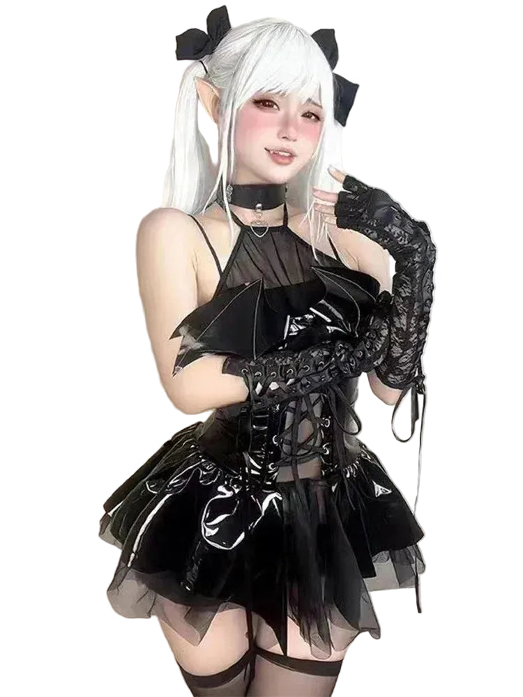 Dark Romance Halter Neck Dress with Corset Lacing and Sheer Ruffles