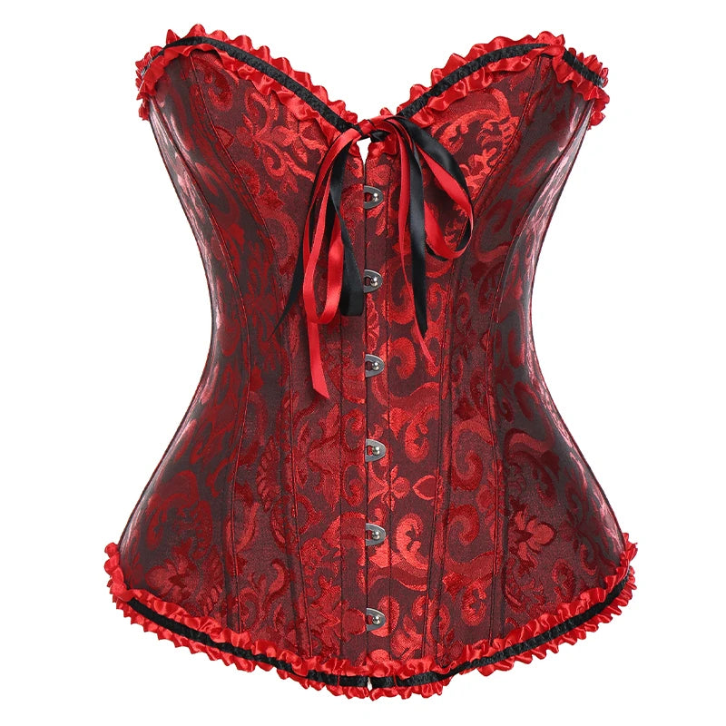 Vintage Brocade Corset Top with Buckle Accents and Lace-Up Back Design