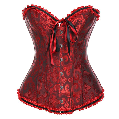 Vintage Brocade Corset Top with Buckle Accents and Lace-Up Back Design