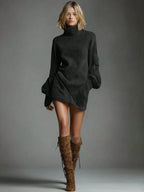 Turtleneck Lantern Sleeve Mini Dress with Relaxed Oversized Silhouette