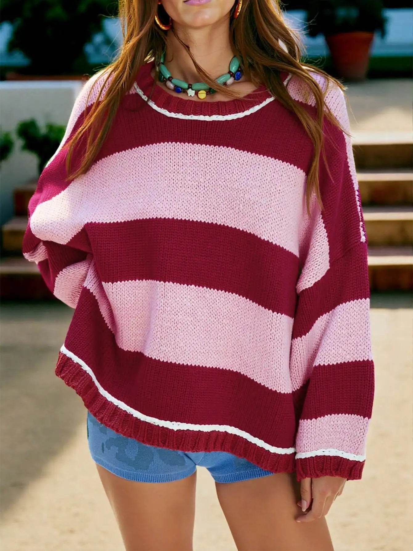 Women's Oversized Color Block Knit Sweater with Relaxed Fit for Cozy Everyday Style
