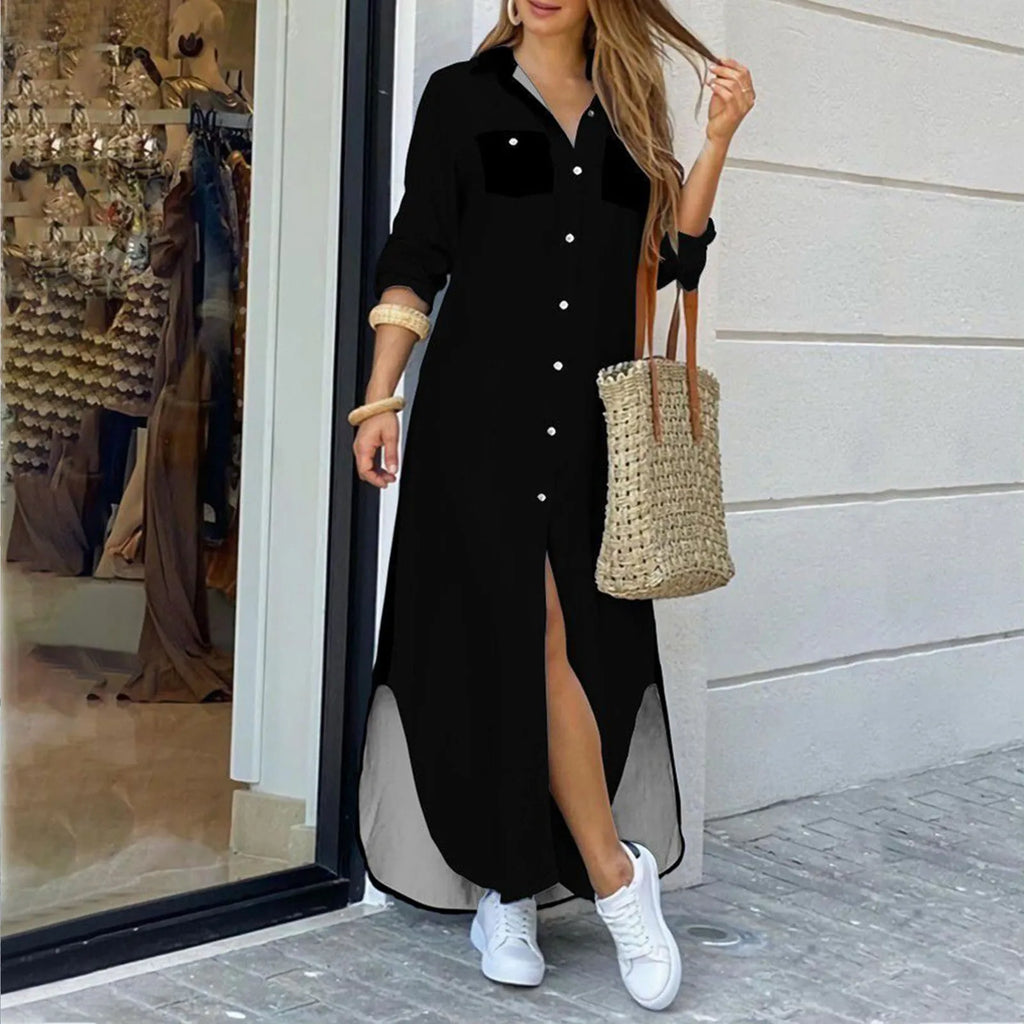 Button Front Shirt Maxi Dress with Relaxed Side Slit Styling