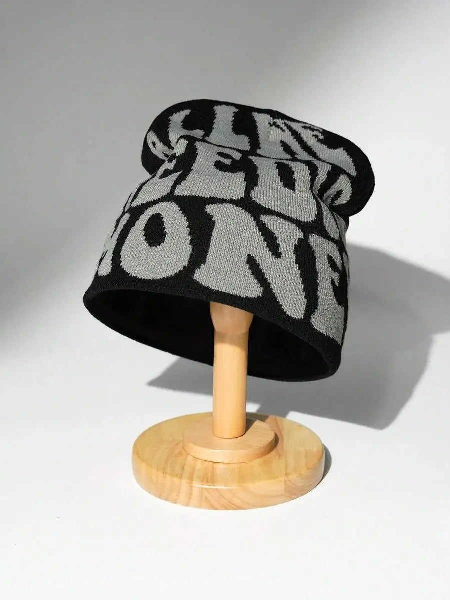 Typography Graphic Acrylic Knit Beanie for Contemporary Streetwear Winter Casual Everyday Fashion Style