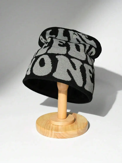 Typography Graphic Acrylic Knit Beanie for Contemporary Streetwear Winter Casual Everyday Fashion Style