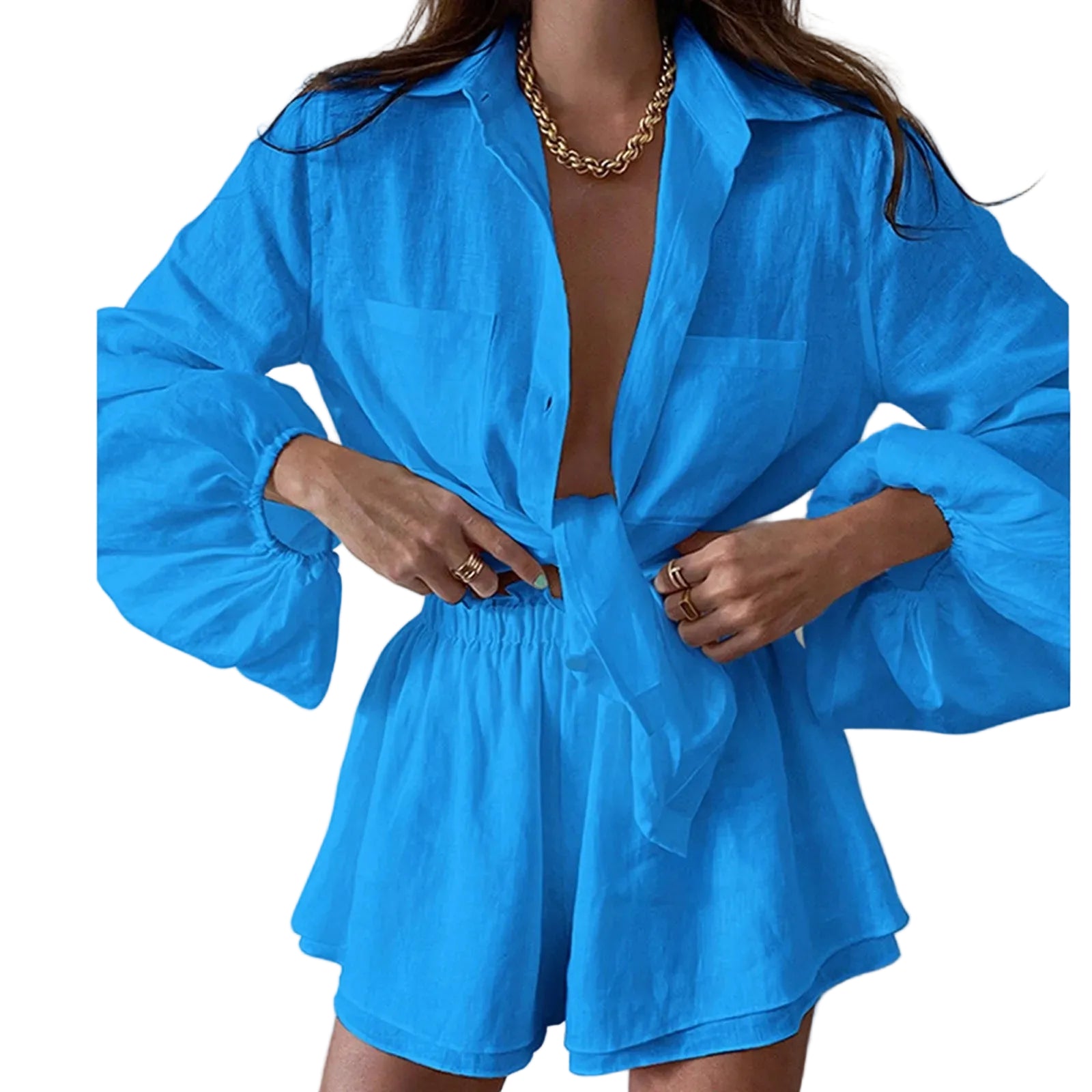 Women's Oversized Button Front Shirt and Shorts Co-Ord Set