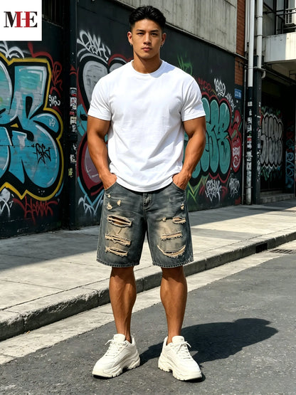 Men's Relaxed Knee Length Denim Shorts with Distressed Details and Utility Pocket Design