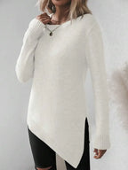 Women's Asymmetric Hem Knit Sweater with Relaxed Long Sleeve Contemporary Silhouette