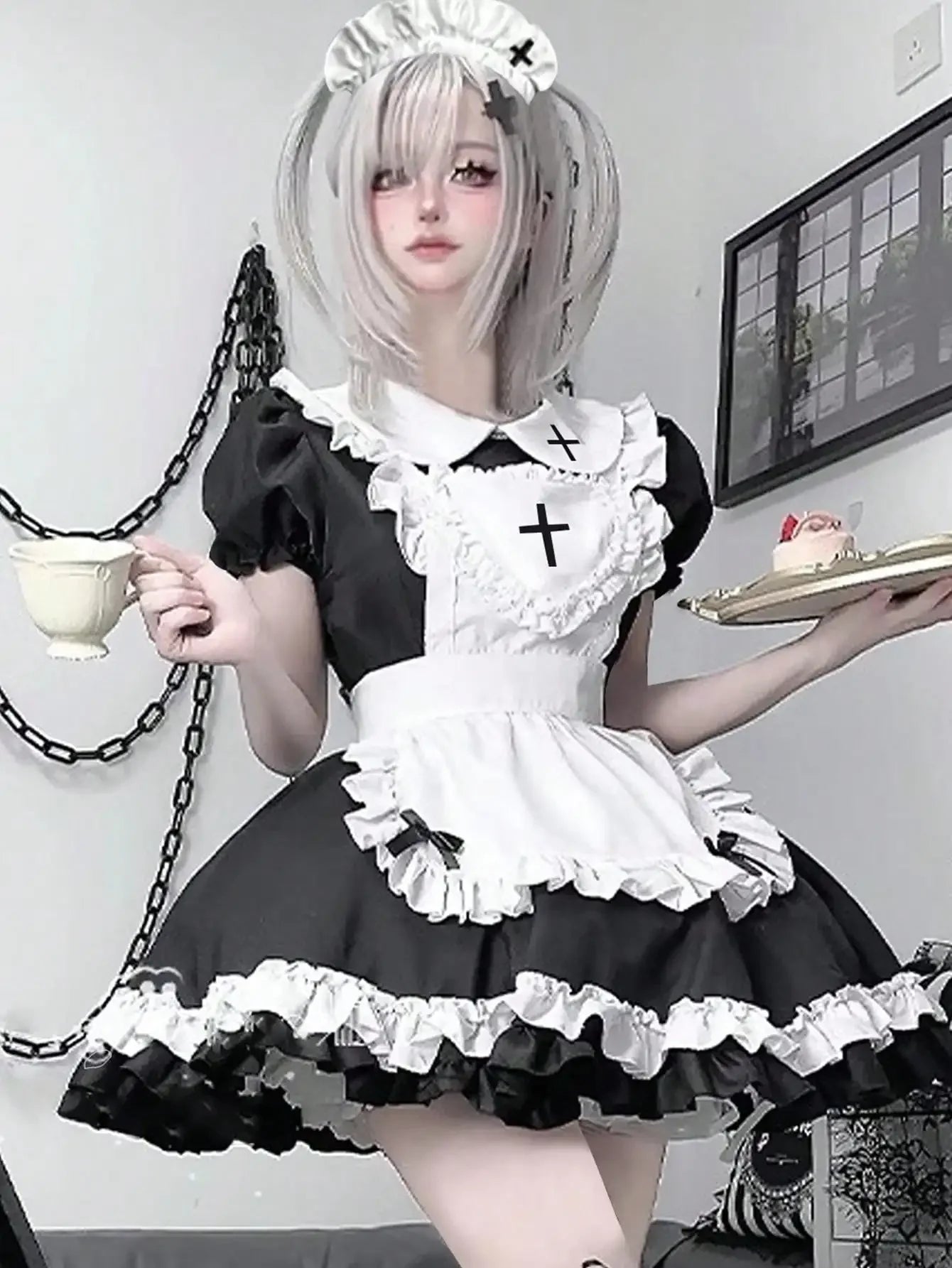 Women's Lace Trim Maid-Inspired Mini Dress with Apron and Puff Sleeve Design