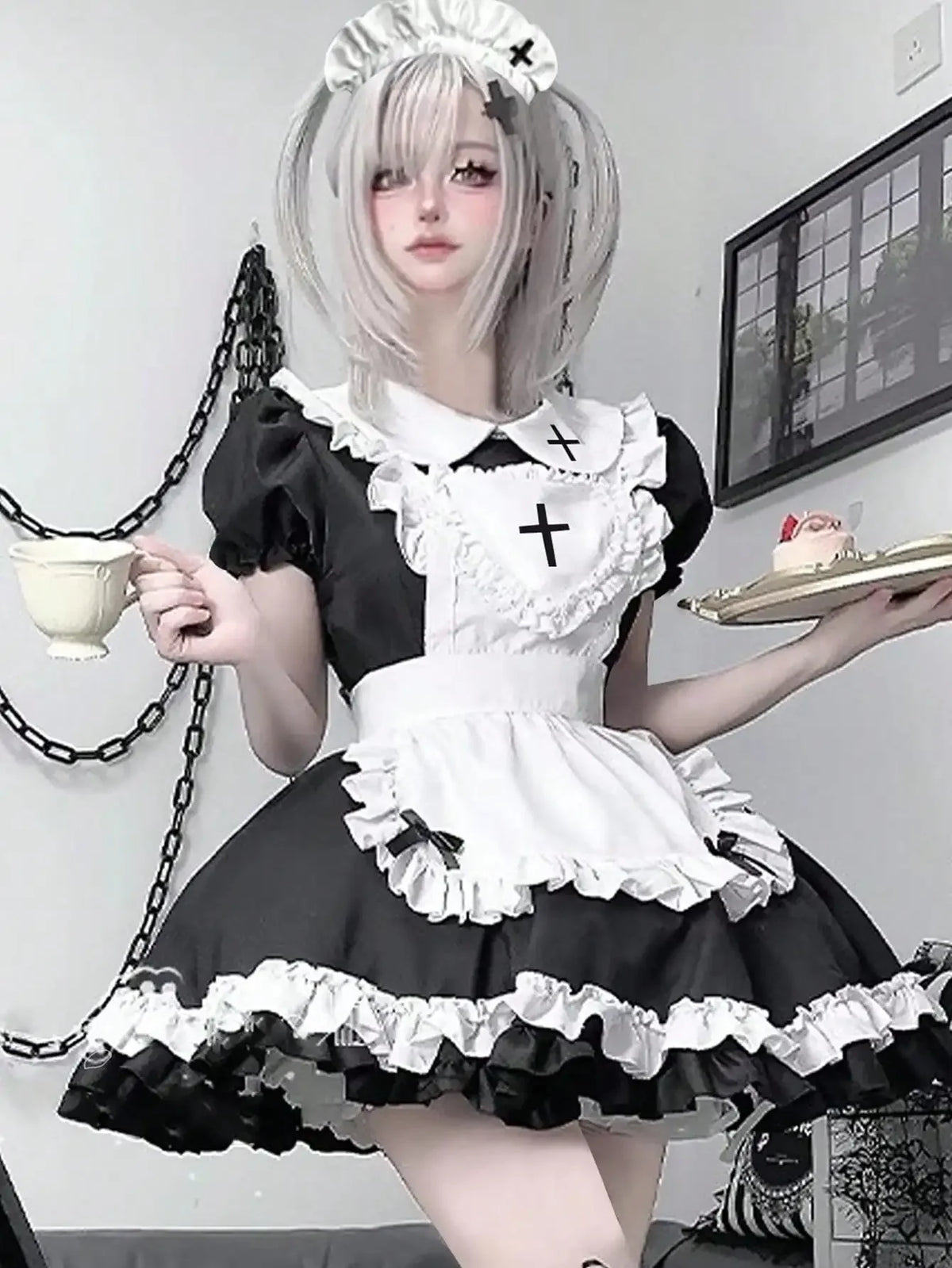 Women's Lace Trim Maid-Inspired Mini Dress with Apron and Puff Sleeve Design