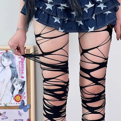 Distressed Fishnet Pattern Tights with Geometric Cutout Design for Alternative Streetwear Fashion