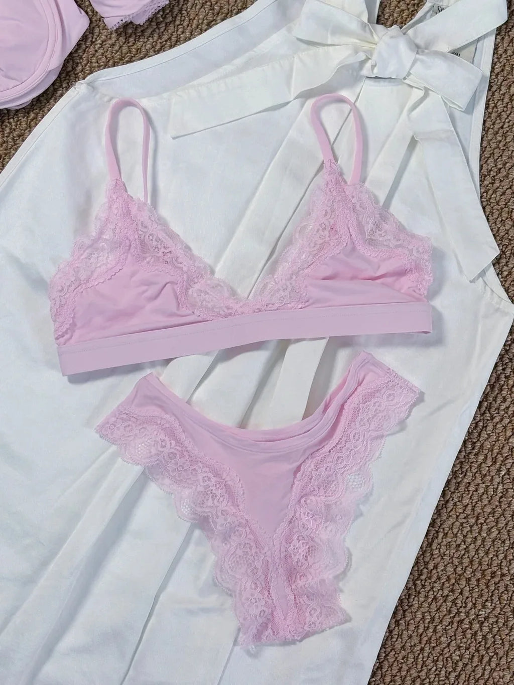 Minimalist Light Pink Wire-Free Lounge Bralette and Brief Set with Delicate Lace Edging