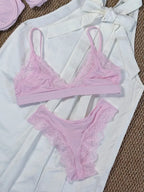 Minimalist Light Pink Wire-Free Lounge Bralette and Brief Set with Delicate Lace Edging
