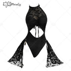 Women's Halter Cutout One Piece Swimsuit with Sheer Panel Skirt and Contemporary Design