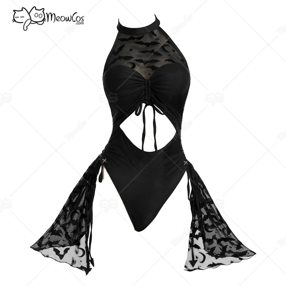Women's Halter Cutout One Piece Swimsuit with Sheer Panel Skirt and Contemporary Design