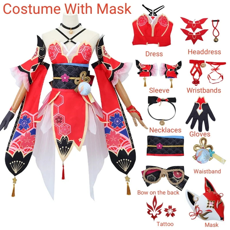 Elaborate Floral Kimono-Style Cosplay Costume with Fox Mask and Flowing Sleeves