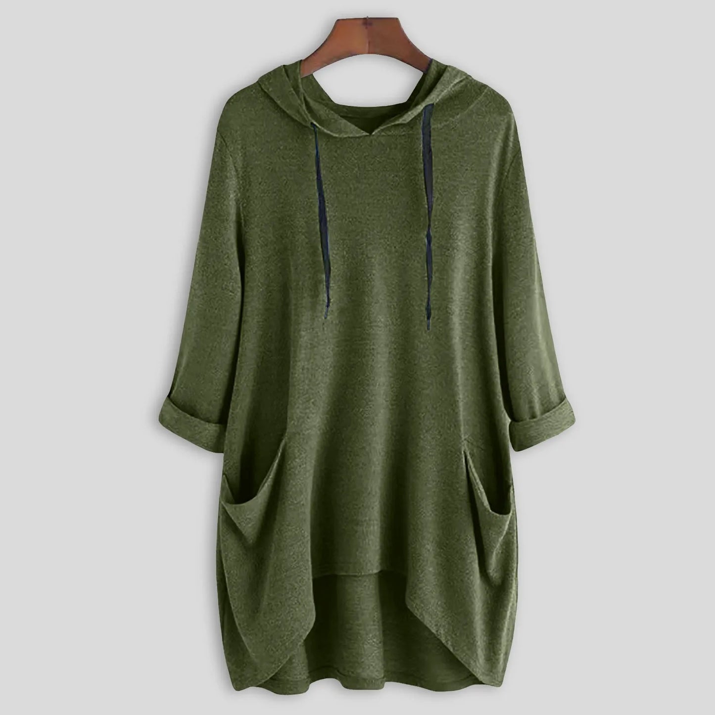 Relaxed Asymmetrical Hem Hooded Pullover for Casual Everyday Streetwear