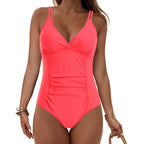 Elegant Ruched Black One-Piece Swimsuit with Deep V-Neck, Adjustable Halter Straps and Sleek Beachwear Silhouette