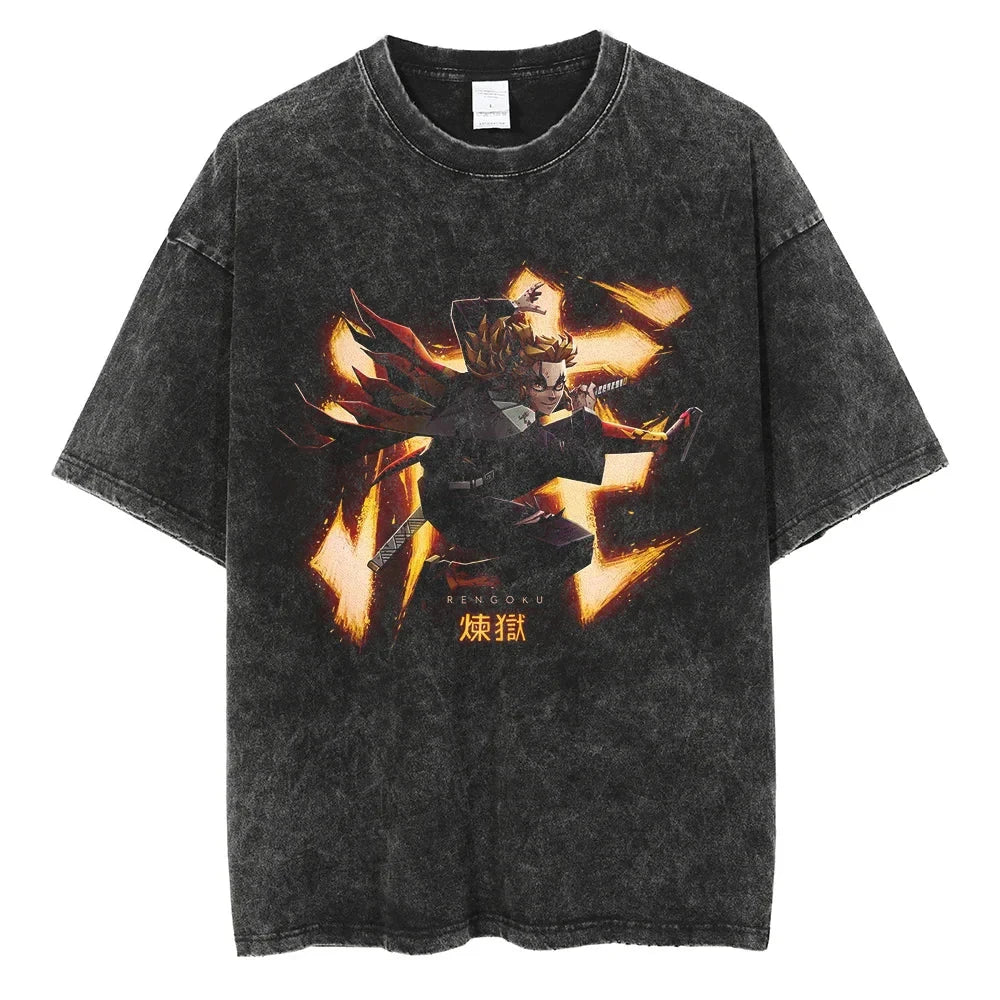 Inferno Warrior Anime Graphic Oversized Washed Cotton T-Shirt