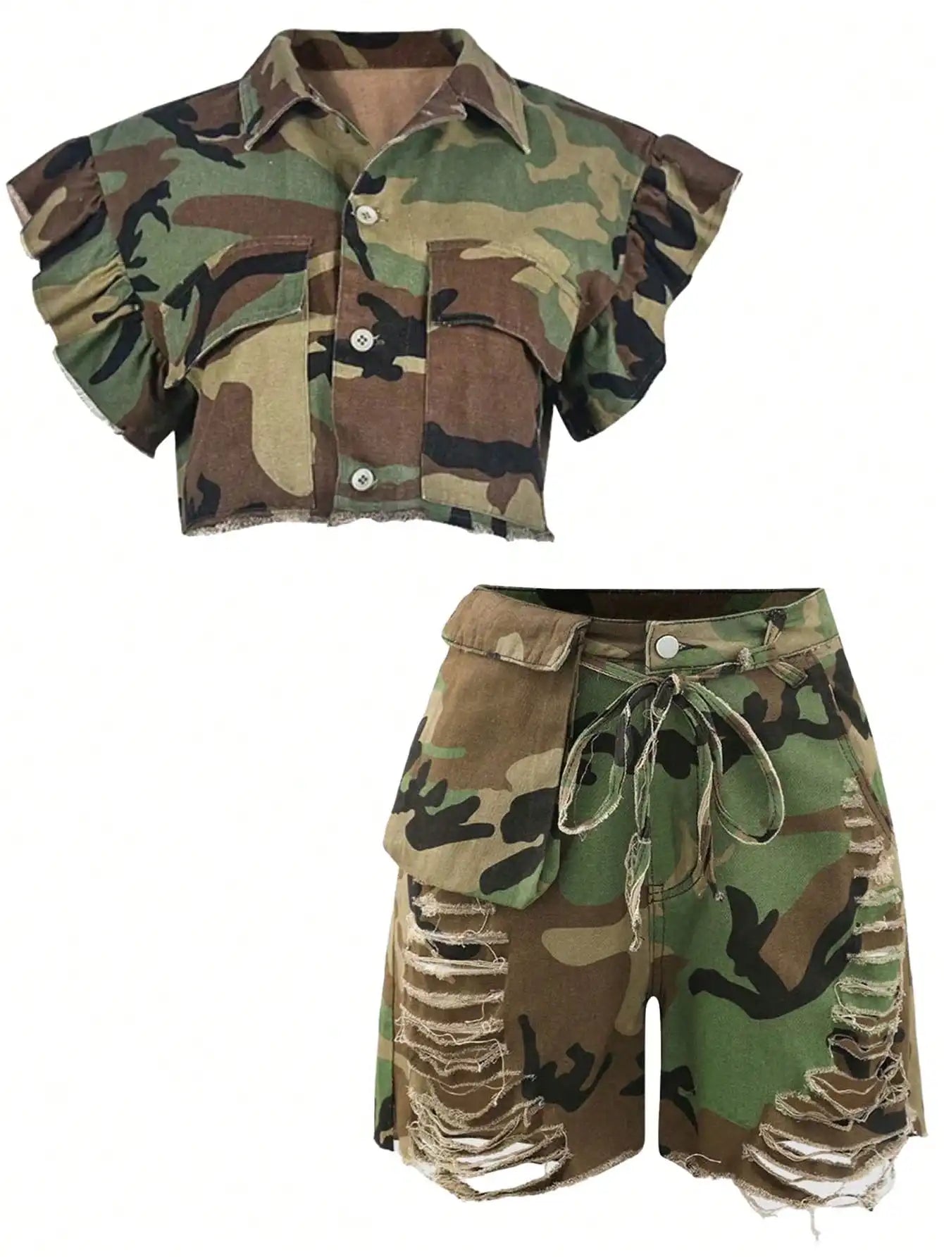 Camouflage Print Crop Top and Distressed Shorts Streetwear Co-Ord Set