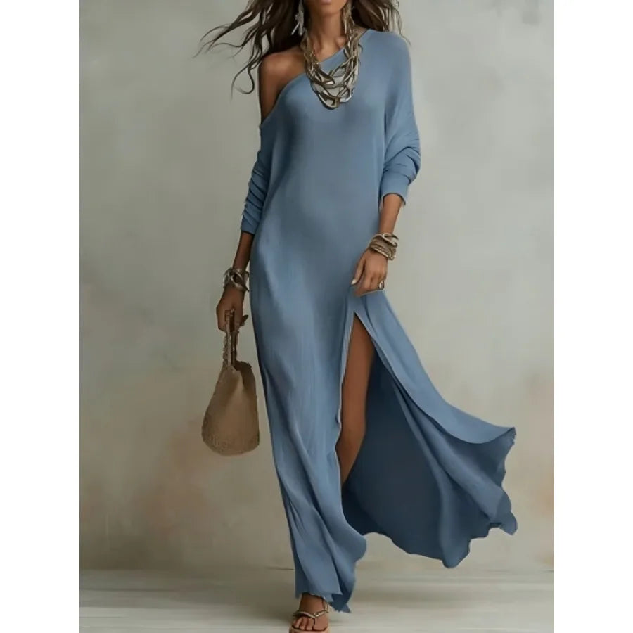 Long Sleeve Pleated Split Maxi Dress with Flowing Contemporary Elegance