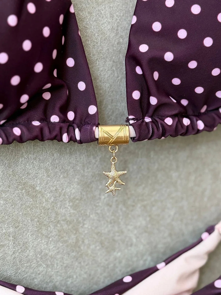 Retro Polka Dot Triangle String Bikini with Contrast Pink Straps