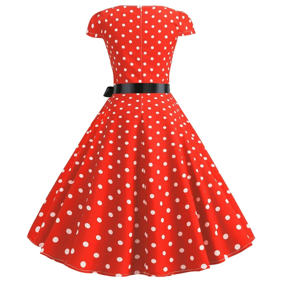 Retro Red and White Polka Dot Swing Dress with Black Waist Tie