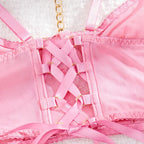 Playful Pink Sheer Mesh Lingerie Set with Gold-Toned Chain Accents and Accessories