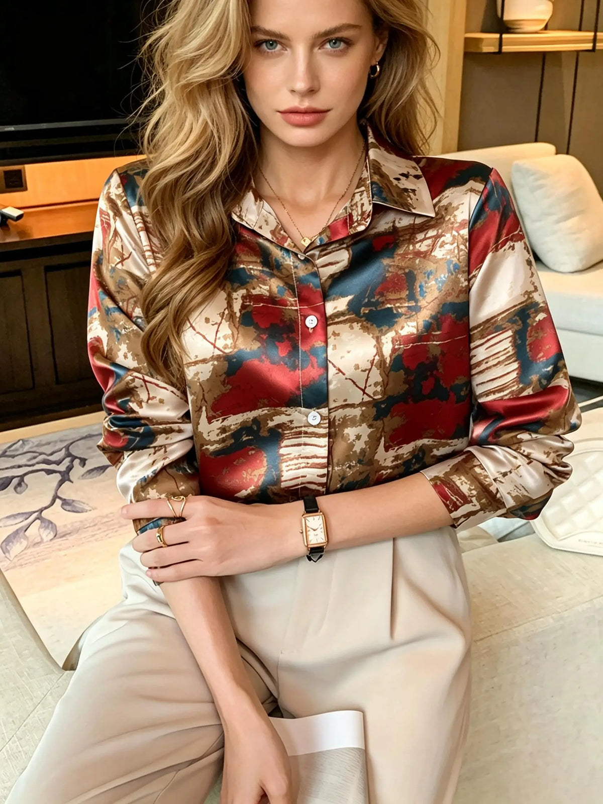 Abstract Retro Art Print Satin Button-Down Shirt with Classic Lapel Collar