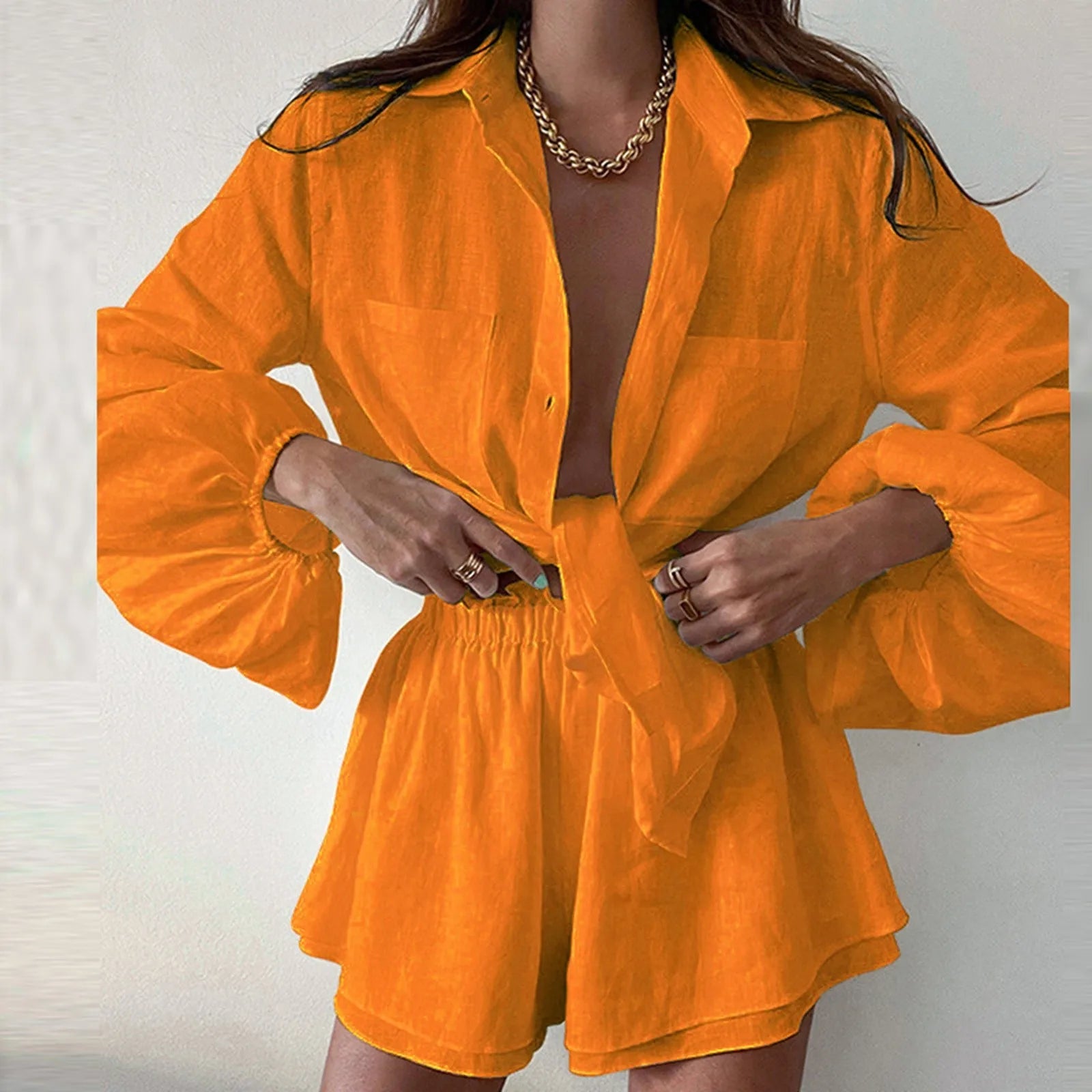 Women's Oversized Button Front Shirt and Shorts Co-Ord Set