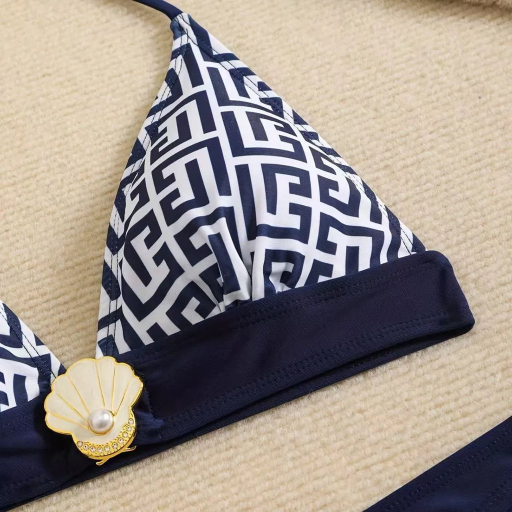 Geometric Pattern High-Waisted Bikini with Solid Navy Contrast Banding