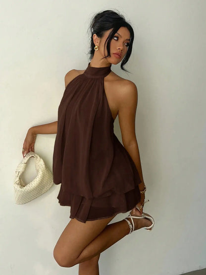 Ruched Halter Neck Tiered Mini Dress With Flowy A-Line Party Silhouette