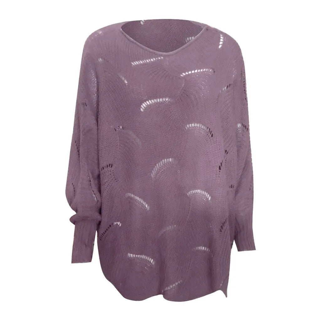 Women's Textured Knit Sweater with Cutout Pattern and Irregular Hem Design