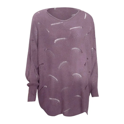 Women's Textured Knit Sweater with Cutout Pattern and Irregular Hem Design
