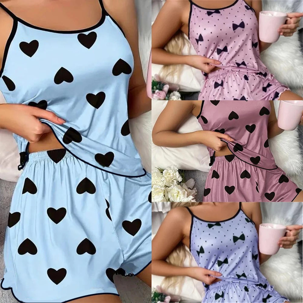 Heart Print Camisole Top and Shorts Sleepwear Co-Ord Set for Women