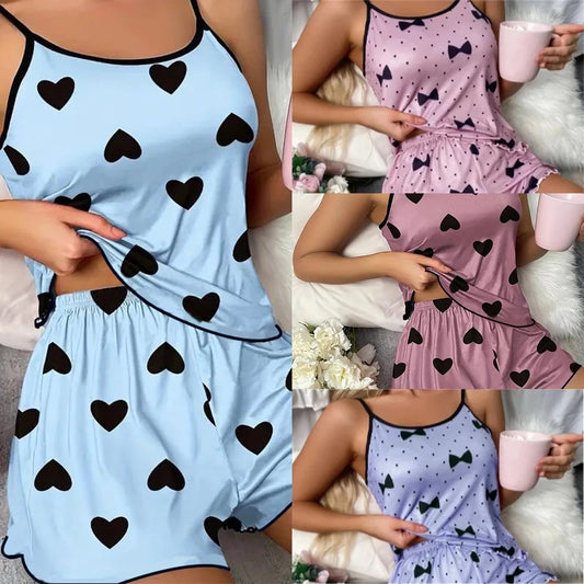 Heart Print Camisole Top and Shorts Sleepwear Co-Ord Set for Women