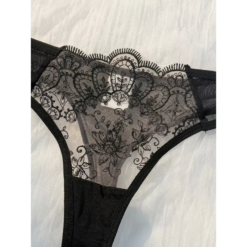 Sheer Embroidered Demi Bra and Strappy Cutout Thong Set with Bow-Accented Harness Details