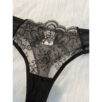 Sheer Embroidered Demi Bra and Strappy Cutout Thong Set with Bow-Accented Harness Details